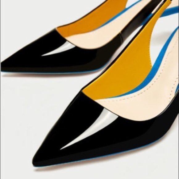 Zara Contrast Patent Suede Pointy Toe Slingbacks - Picture 3 of 11